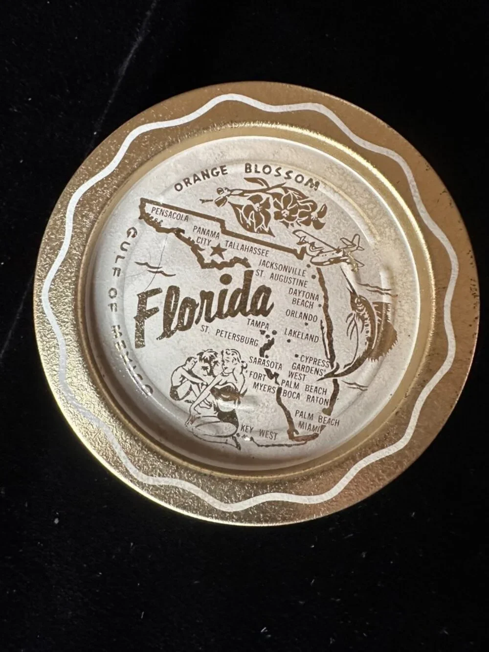 Vintage Florida Map Drink Coasters Set Metal Tin Souvenir Barware Gold White